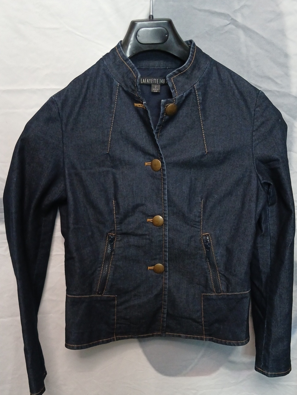 Lafayette 148 New York Dark Navy Denim Jacket with Brass Buttons
